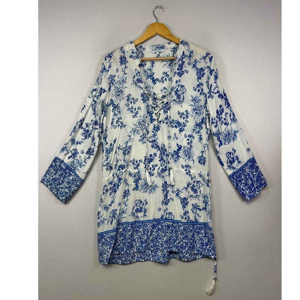 Boho Coastal Blue Island Women LG White Blue‎ Floral Lace Up Tassel Tunic Dress